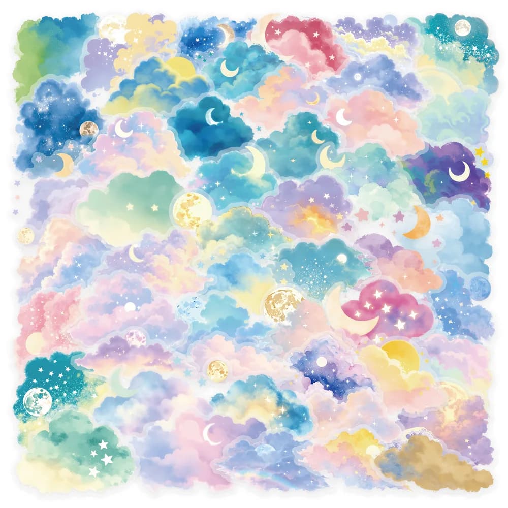 50-Pack Cartoon Colored Cloud & Moon Graffiti Stickers Waterproof DIY Decals for Notebook Luggage Guitar Stationery