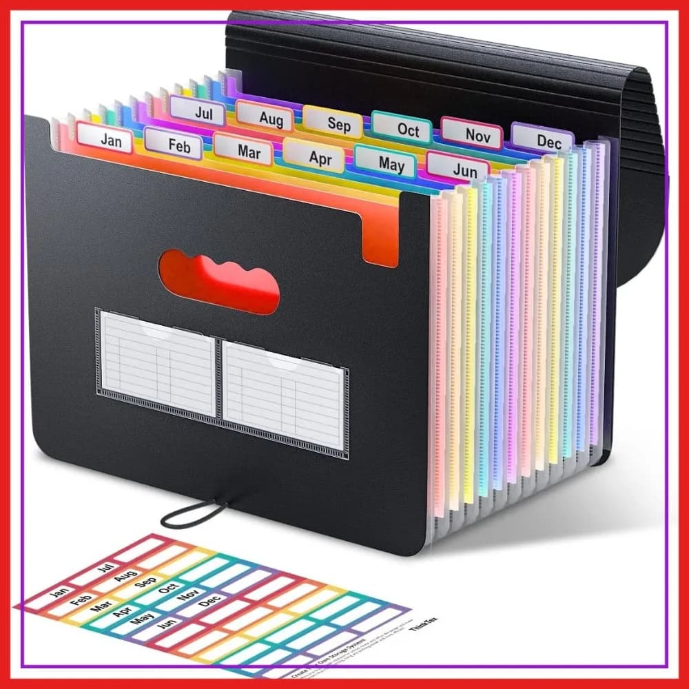 Cartella Portadocumenti Espandibile a 12 Tasche, Organizzatore a Fisarmonica per Ricevute, Fatture e Tasse, Formato Letter/A4, con Linguette Colorate, Nero