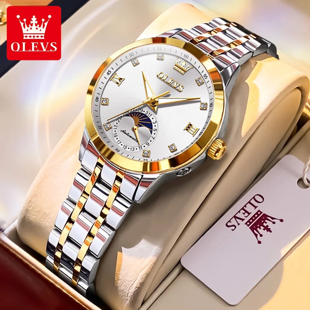 OLEVS 7041 Orologio Meccanico da Donna con Fasi Lunari, Luminoso, Impermeabile, di Lusso, Automatico Originale