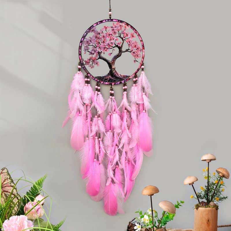 Pink Tree 3D Acrylic Dream Catcher Feathers Large Wind Chimes Handmade Ornaments Garden Pendants Bedroom Decorations For Gifts