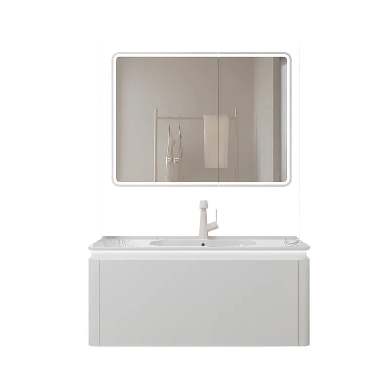 Mobile da bagno con bordo senza vernice in stile bianco crema, lavabo integrato in ceramica, specchio con lenti intelligenti, lavabo in legno massello multistrato
