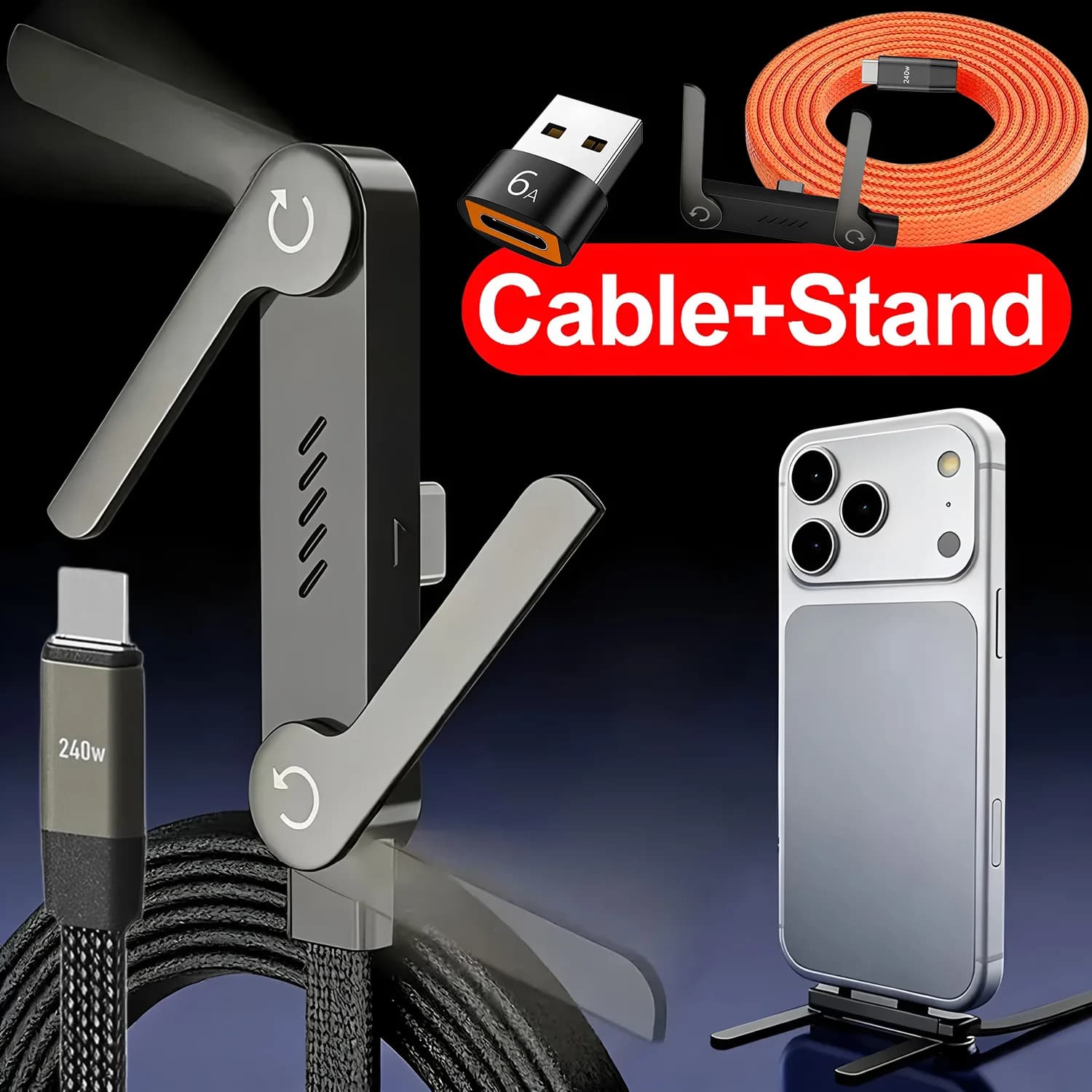 Cavo di ricarica USB Type-C con supporto invisibile pieghevole per telefono, cavo PD da 240W con staffa di ricarica