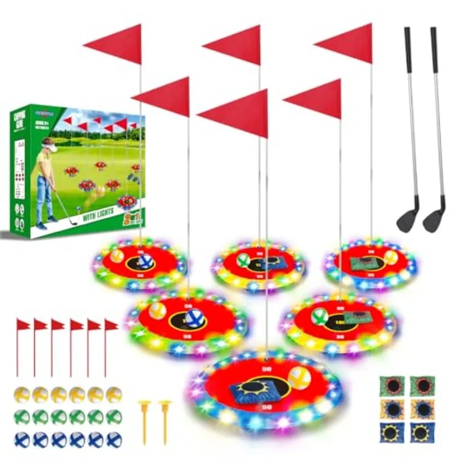Set da Golf Luminoso con 6 Bersagli LED, 2 Mazze, 18 Palline, 6 Sacchetti di Palline - Giocattoli da Golf Notturno per Famiglie, Uso Interno ed Esterno, Spiaggia e Prato
