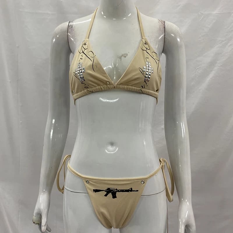 Sexy Spice Girls Letter Printed Cross Rhinestone Top Briefs Split Two Piece Summer Beach Pool Vacation Gothic Spice Girls Bikini