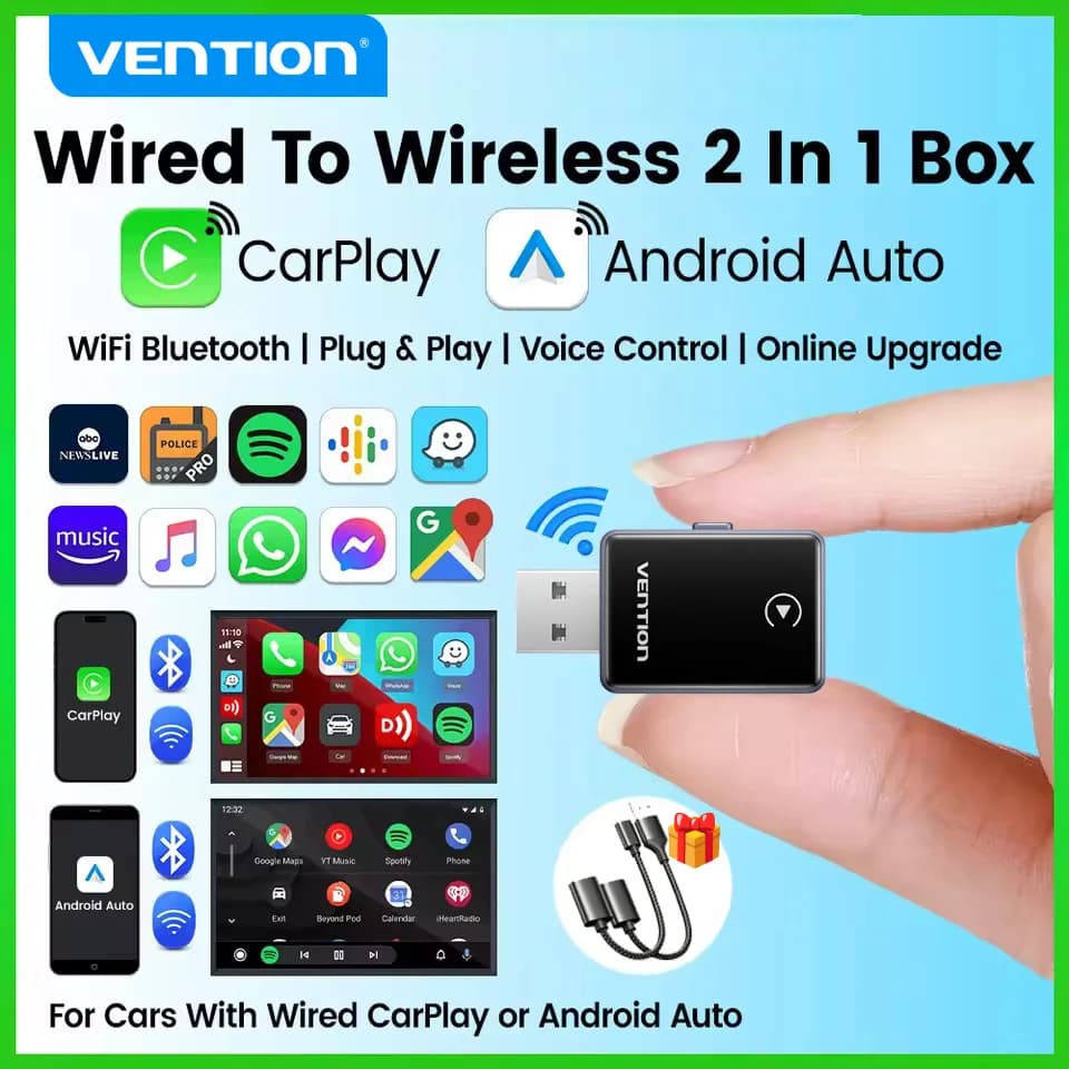 Vention 2in1 Wireless CarPlay Adapter Android Auto For OEM Car Plug and Play AI Smart Box WiFi Bluetooth Auto Connection