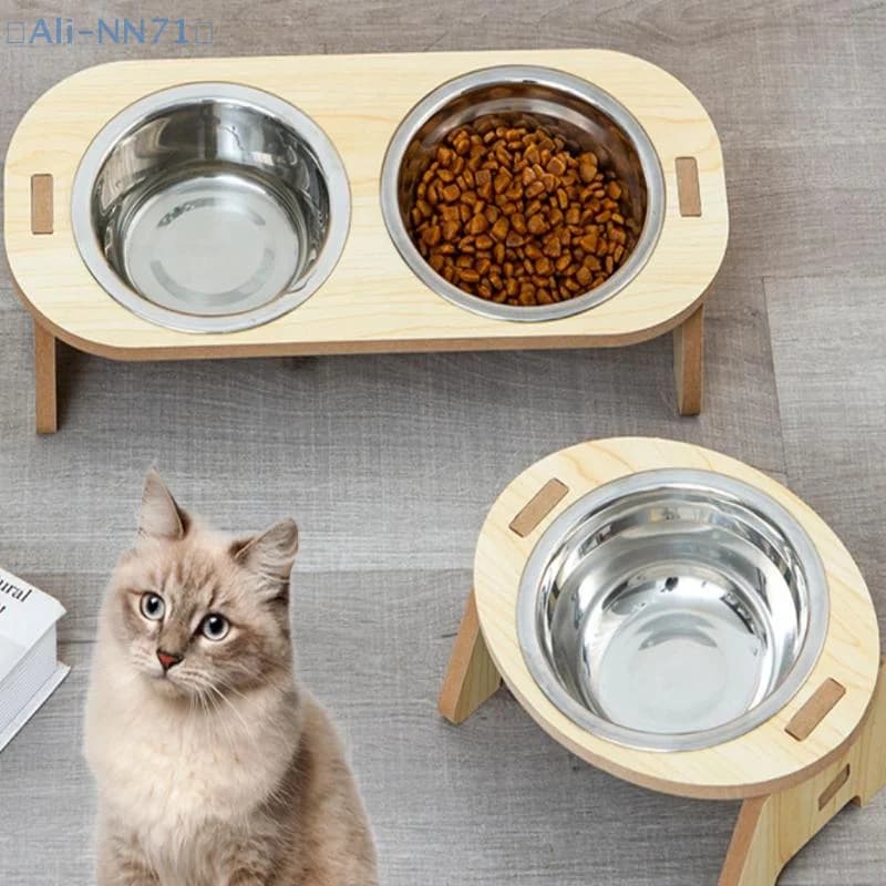 【NN71】 Ciotole per cani e gatti 2 in 1 Ciotole anti-punta Ciotole per animali domestici in acciaio inossidabile con supporti in legno Design di protezione del collo