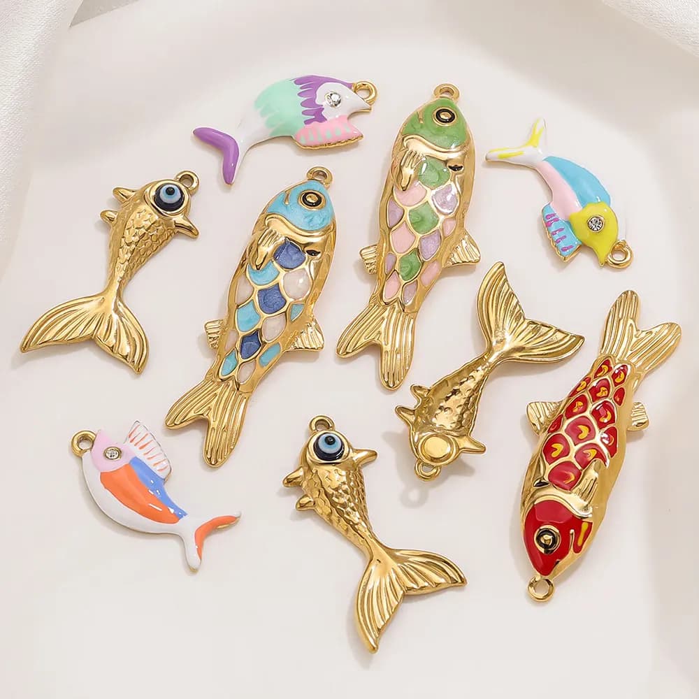 2-3 pezzi in acciaio inossidabile carino smalto dorato ciondoli di pesce Bohe gioielli fai da te che fanno accessori per donne collana orecchini all'ingrosso