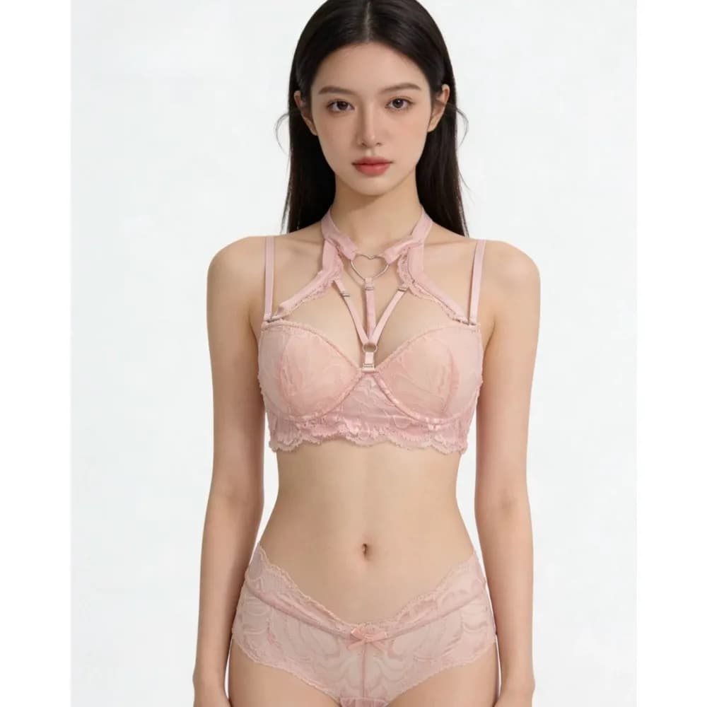 Women Detachable Halter Underwire Push Up Bra Set Soft Floral Lace Support Brassiere Daily Feminine Lingerie Matching Outfit