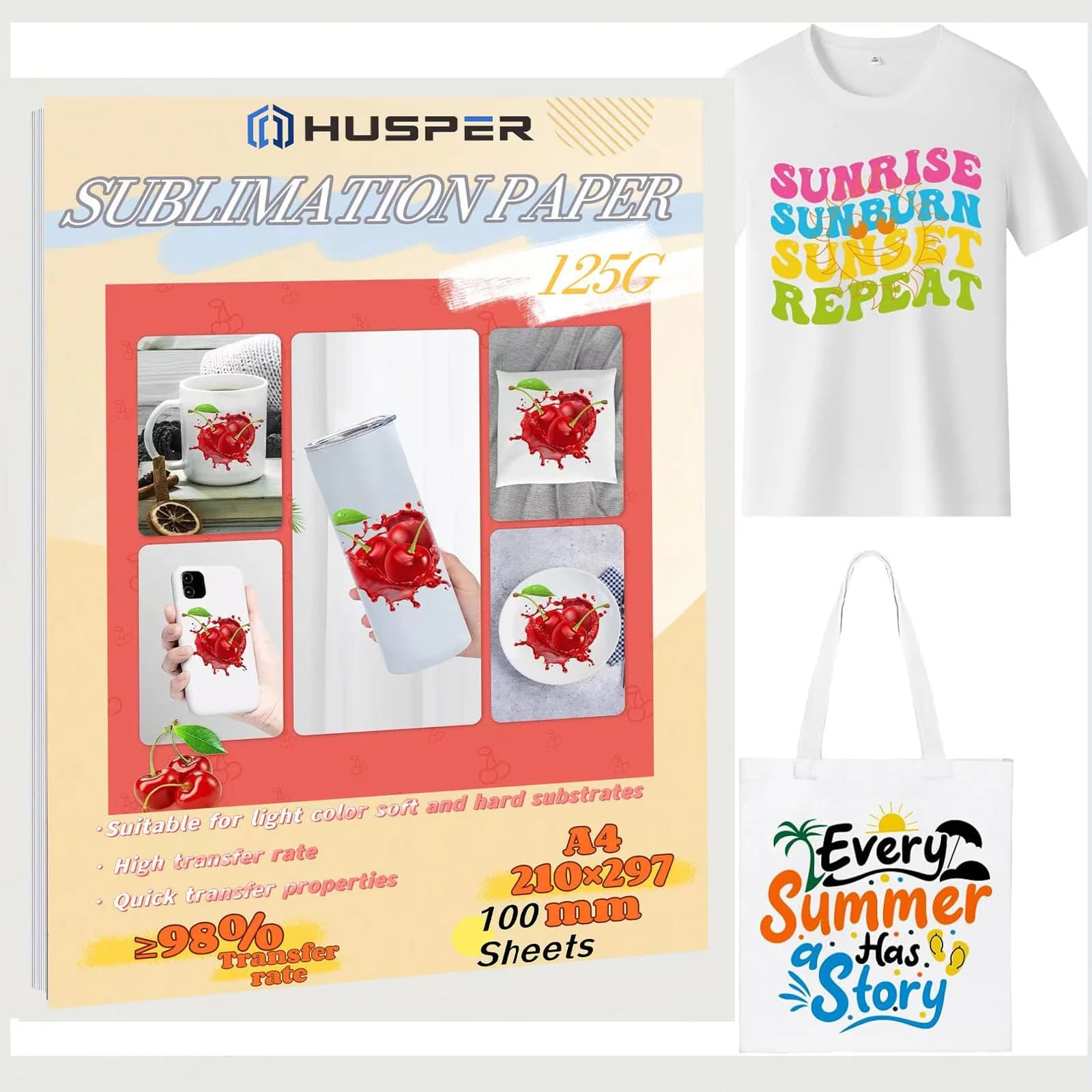 HUSPER 125G A4 100 fogli di carta per sublimazione carta per trasferimento di calore stampante a getto d'inchiostro con inchiostro per sublimazione per tazza T-shirt