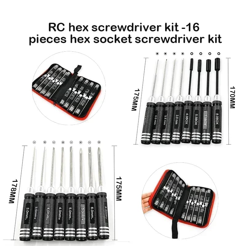 Set di Cacciaviti Esagonali RC - Kit da 16 Pezzi con Chiavi a Brugola e Chiavi Esagonali per Auto RC, Elicotteri e Modellini