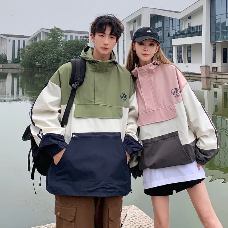 Couples Matching High Street American Style Jacket Men's Spring Autumn Color Block Design Windproof Long Sleeve Hoodie Coat