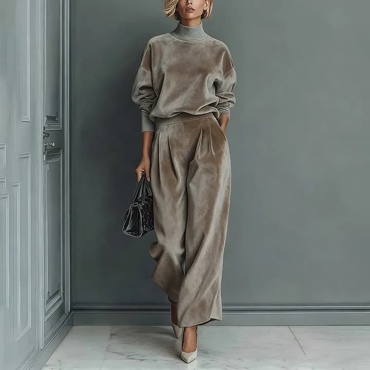 2026 Autumn Winter New Style Fashion Women Casual Warm Dress Set Long Sleeved Velvet Solid Color High Collar Wide Leg Pants