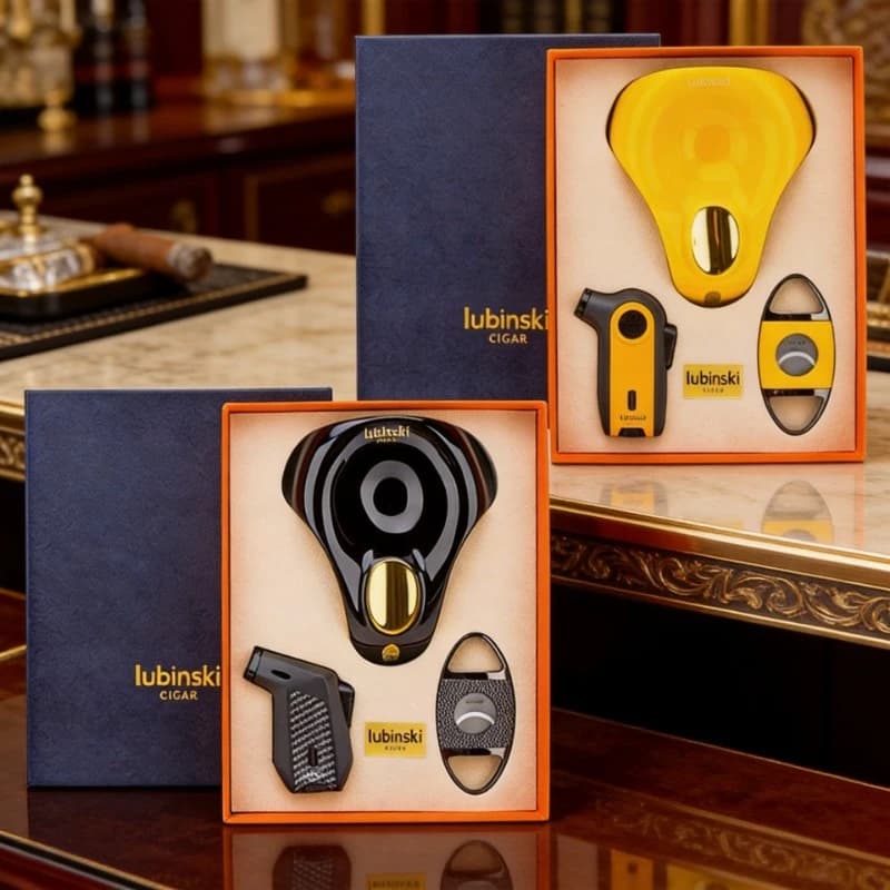 LUBINSKI Cigar Three Piece Set Luxury Turbo Lighter Metal Cigar Cutter Ceramic Ashtray Cigar Accessories High-end Men's Gift