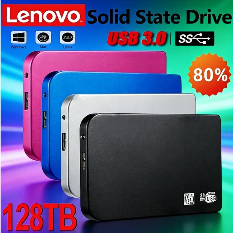 Enclosure SSD Lenovo 128TB ad Alta Velocità, Case Esterno USB 3.0 per Disco Rigido Mobile, Box di Archiviazione HDD/SSD con Cavo, Materiale ABS