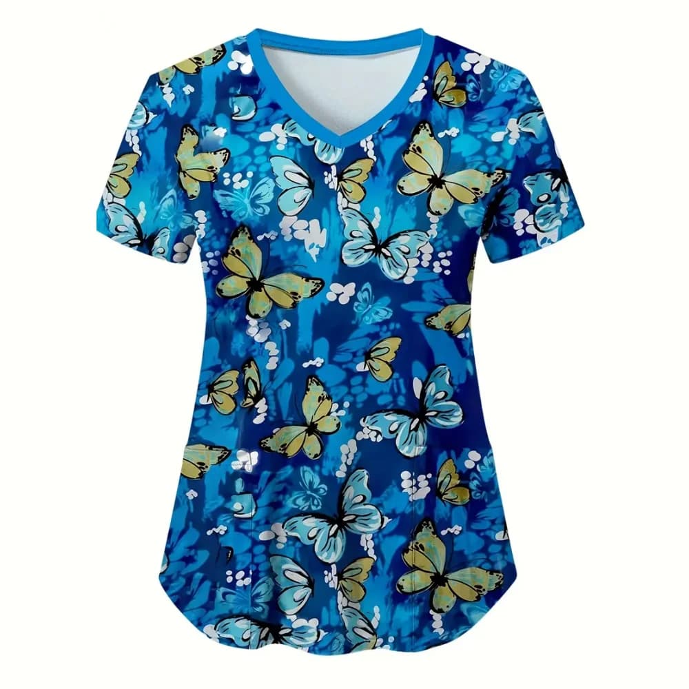 Scrub medico donna elegante stampa farfalla assistenza sanitaria infermieristica scollo a V manica corta tasca applicata top uniforme medica per le donne