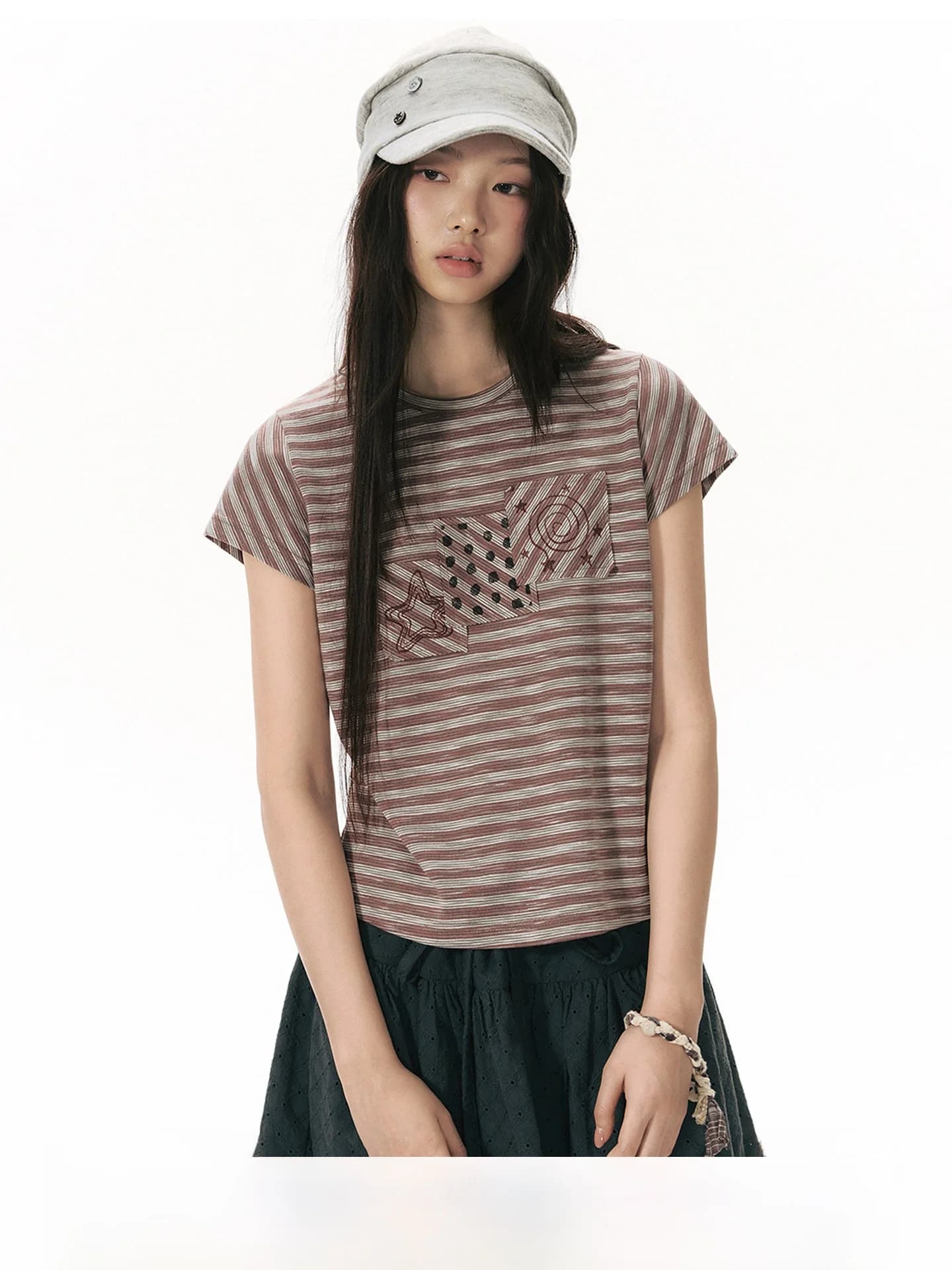 NAPSNAPS Original Patchwork Striped Short Sleeve T-Shirt Women's Summer Design round Neck Fly Sleeve Knitted Top Casual Style...
