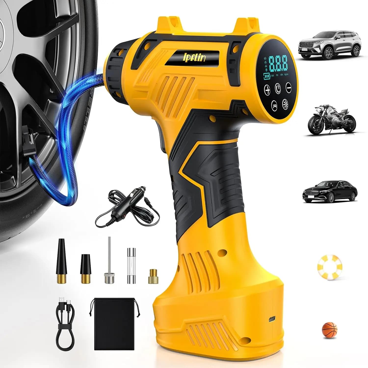 Compressore d'aria portatile con batteria integrata, 9600mAh e 12V DC, gonfiaggio rapido per auto, SUV, moto e palloni fino a 160PSI