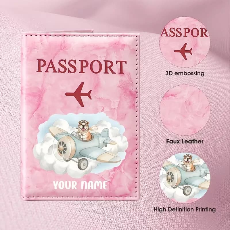 Custom Name Cloud Airplane Illustration Passport Holder, Featuring Cartoon Bear Piloting a Propeller Plane Flying Through Clouds
