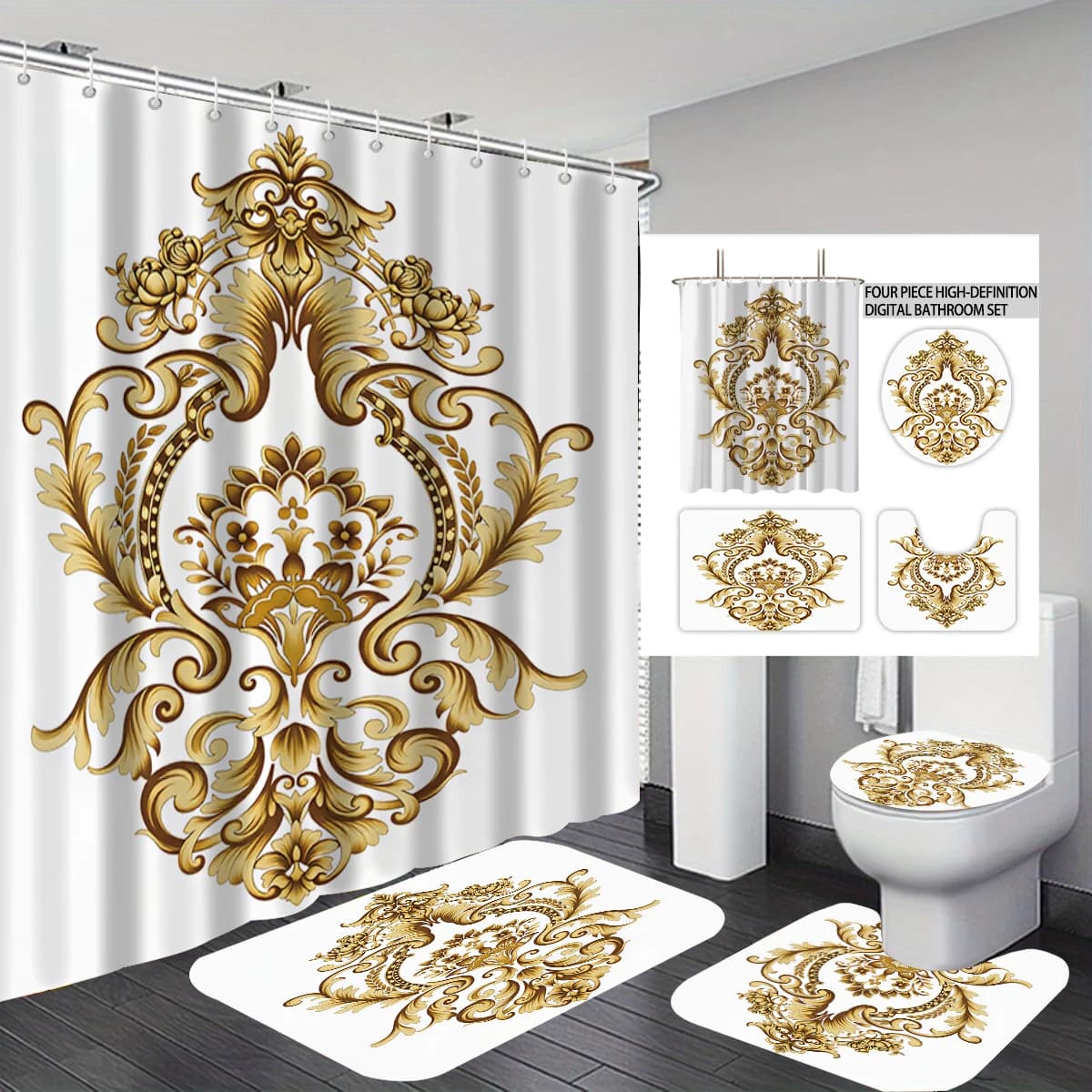 4PCS European-style retro scroll pattern bathroom set shower curtain toilet seat U-shaped mat floor mat home decoration