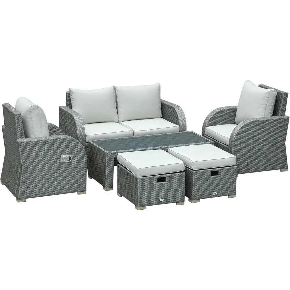 Set di mobili da giardino in vimini da esterno in 6 pezzi con sedie reclinabili regolabili, pouf, cuscini in poliestere, grigio