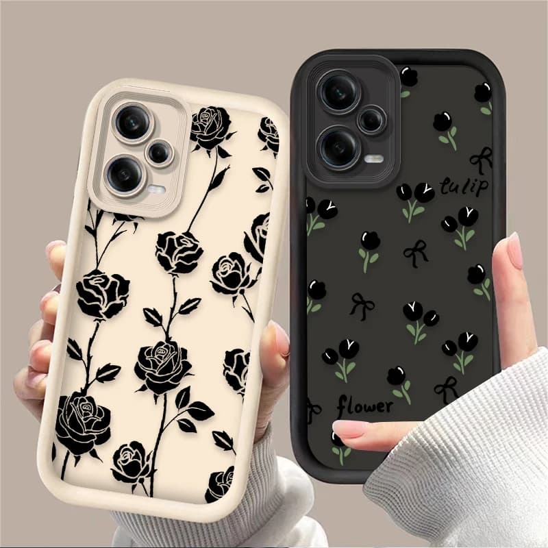 Cover per Telefono con Motivo Floreale Nero per Xiaomi Redmi A5 A4 A3 A3X A2 A1 Plus 13X Redmi K80 Ultra K70 K70E K60 K60E K50 K40 K40S K30