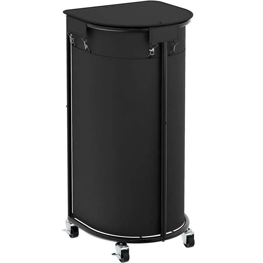 Wooden basket with wheels and lid, rotating basket with 100L, semicircular trolley with removable bag and iron structure, for dirty linen