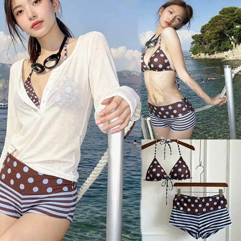 Women Three PC Polka Dot Split Bikini Hot Girl Square Bottom Cover Up Small Chest Gathered Slim Spa Beach Vacation Bathing Suit
