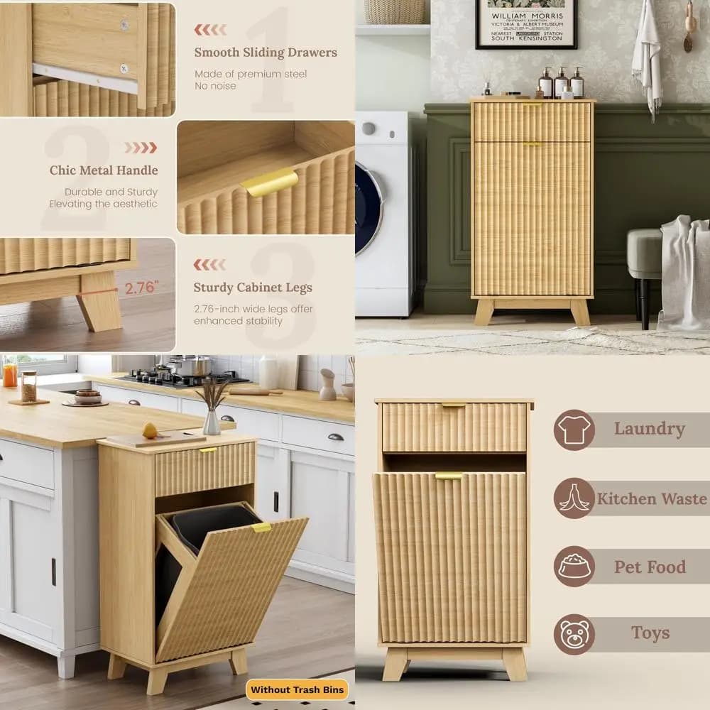 Mobiletto in Legno con Cestino per Rifiuti Integrato per Cucina e Soggiorno - 20 Galloni, Legno Naturale, 20.47L x 35.83A x 13P