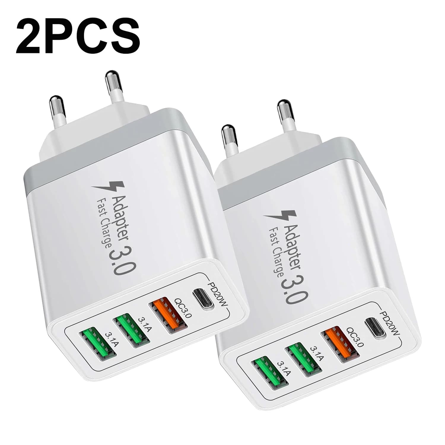 Confezione da 2 Caricatori USB C da Muro con Spina EU, Adattatore per Telefono a 4 Porte con Ricarica Rapida PD3.0, Caricatore USB Veloce per iPhone Xiaomi Huawei