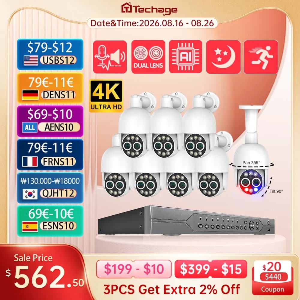 Sistema di Telecamere di Sicurezza PTZ POE 16CH 4+4MP con Zoom 8X, Doppia Lente 2.8mm+12mm, Audio Bidirezionale, Tracciamento Automatico, Kit di Videosorveglianza