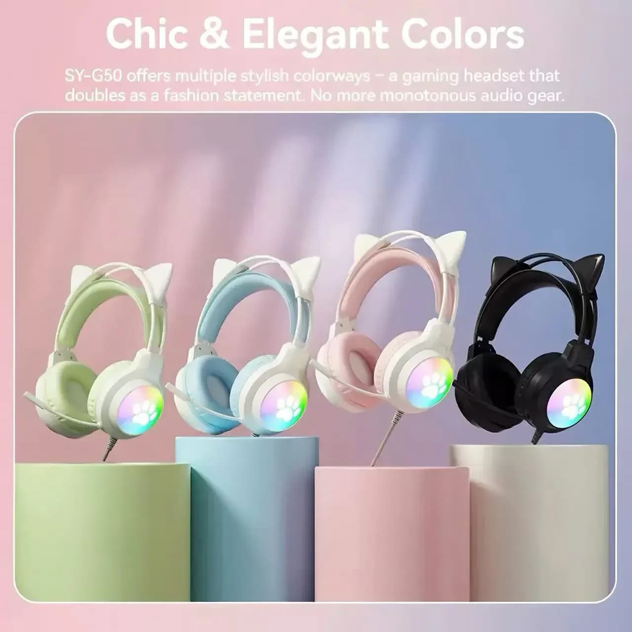 Gaming Headphones Width with Cat Earrings, RGB Luminose, Noise Reduction, Low Power, Universal for Computer, for Gaming and Entertainment