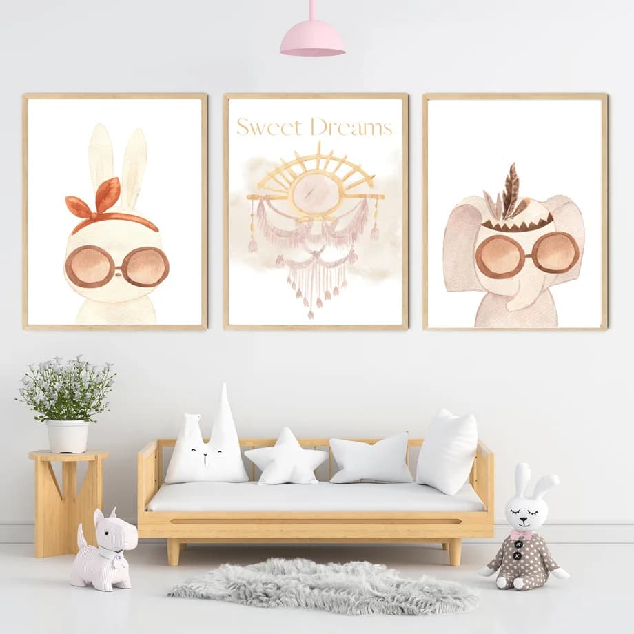 Boho Watercolor Nursery Wall Art Cute Animal Canvas Print Moon Dreamcatcher Rabbit Elephant Sloth Bear Poster Kids Bedroom Decor