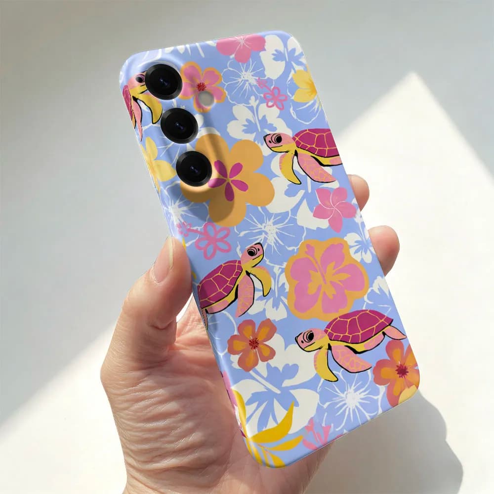 Divertente Cover Rigida Floreale con Tartaruga per Samsung A55 54 53 52 71 73 12 13 14 15 16 17 23 25 26 32 34 35 36 - Custodia Protettiva in PC