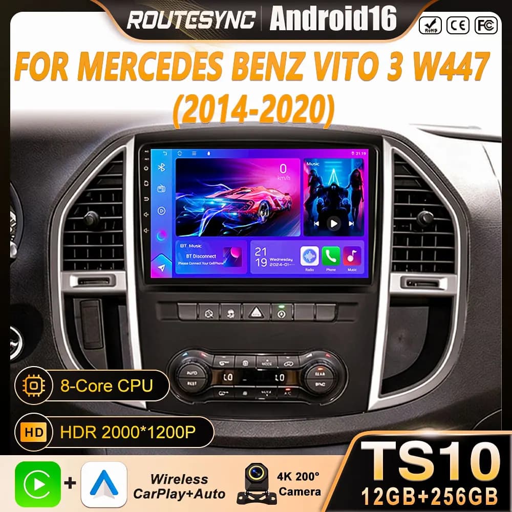 Autoradio Android 15 con Carplay per Mercedes Benz Vito 3 W447 2014-2020, Navigazione, Lettore Multimediale Video, Stereo, Unità Principale BT