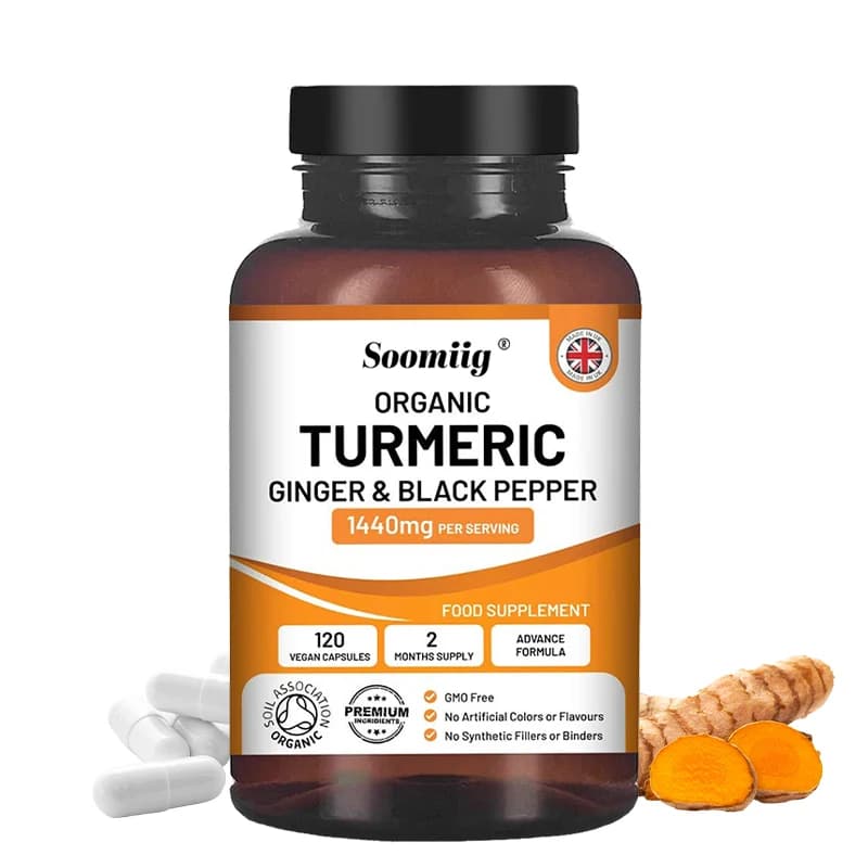 Biological capsules of curcuma, ginger and black pepper, support joint health, digestive cushioning, immune and balances blood sugar
