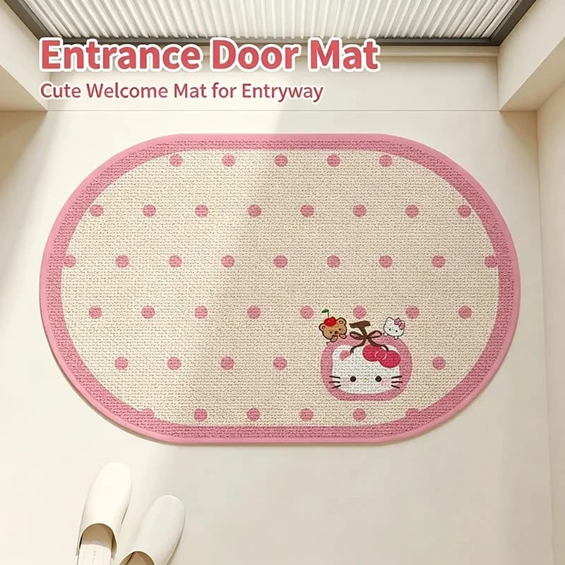 Pink Border Polka Dot Hello Kitty Bath Mat Oval Shape Cartoon Print Non Slip Entryway Rug Indoor Entrance Doormat For Girls