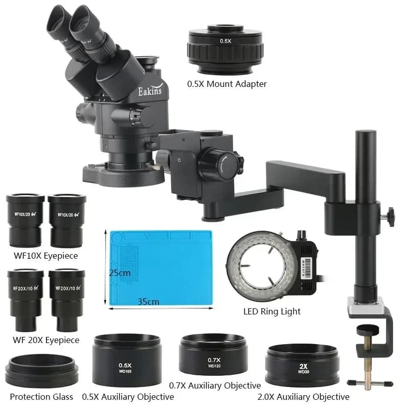 Microscopio Stereo Trinoculare Simul-focale Eakins 3.5X-180X con Braccio Articolato Pieghevole e Supporto a Morsetto per Saldatura Industriale di PCB