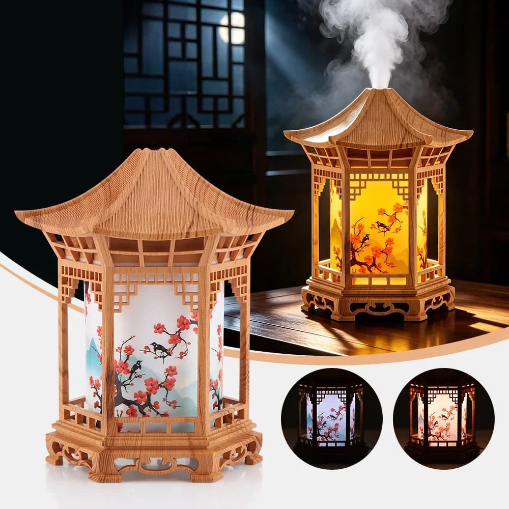 USB Cool Mist Humidifier with LED Night Light, 160ml Ultrasonic Quiet Under 36dB, Pagoda Decor, Desk Bedroom Car, Light Wood Gra