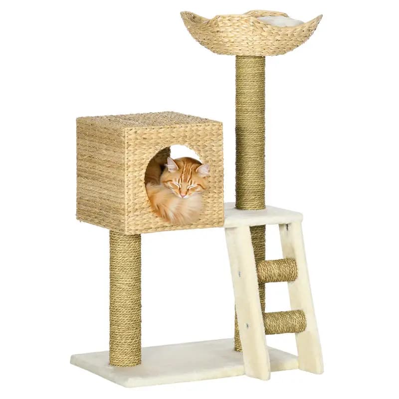 PawHut Cattail Weave Albero per Gatti da Interno, Torre per Gatti con Cuccia in Rattan, Letto in Vimini, Scala, Cuscini Lavabili, 22.5" x 14.5" x 39.5", Naturale