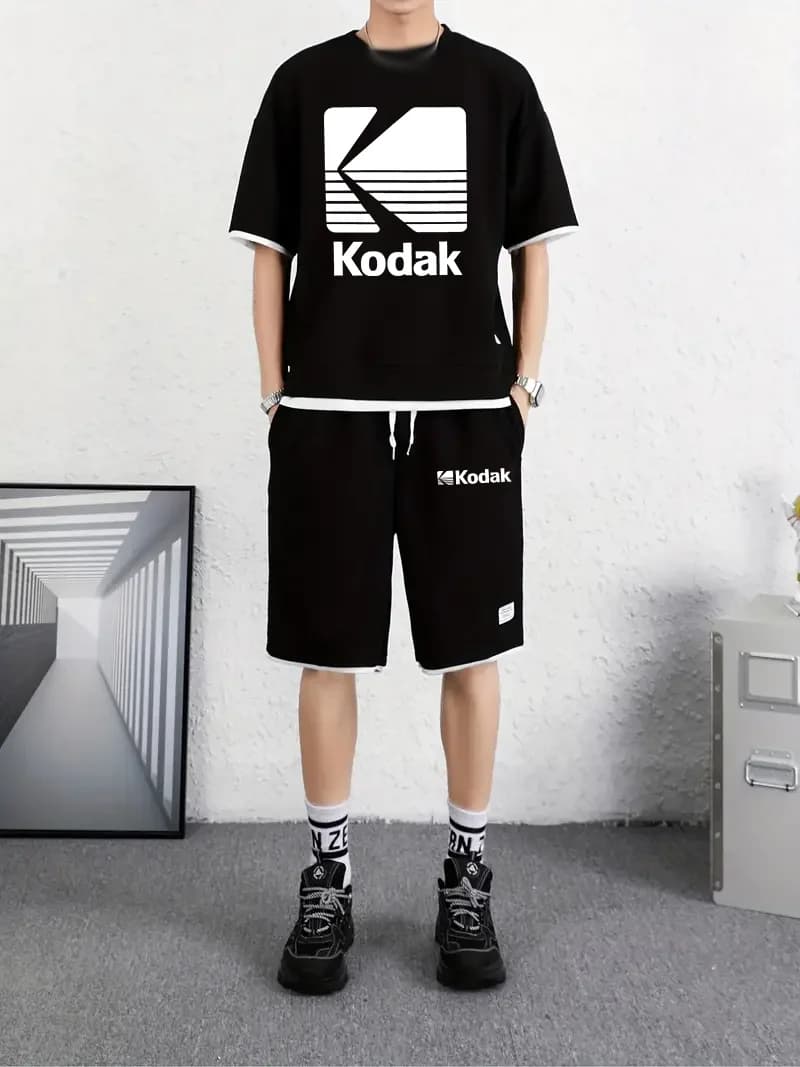 Set of shorts and short sleeve T-shirt with Kodak High Street letter print for men - Two-piece summer set breathable and comfortable for adults, ideal for outdoor and fitness activities.