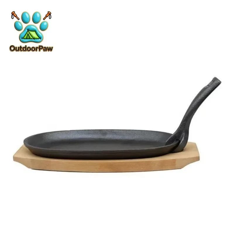 JUSTINLAU Thickened Cast Iron Oval Steak Frying Pan with Wooden Tray& Iron Claw for Home Grilled Fish and Outdoor Grilling Tool