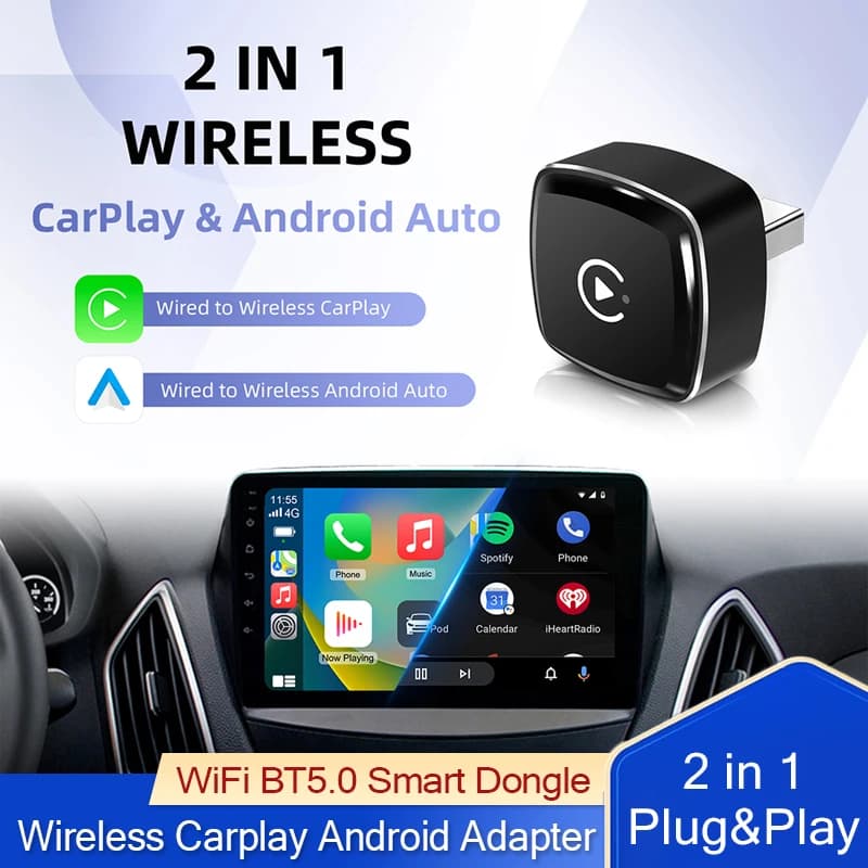 2025 New 2 in 1 Wireless CarPlay Width Android Auto Smart Box Bluetooth Connect Plug & Play Adapter for Factory Wired Cars