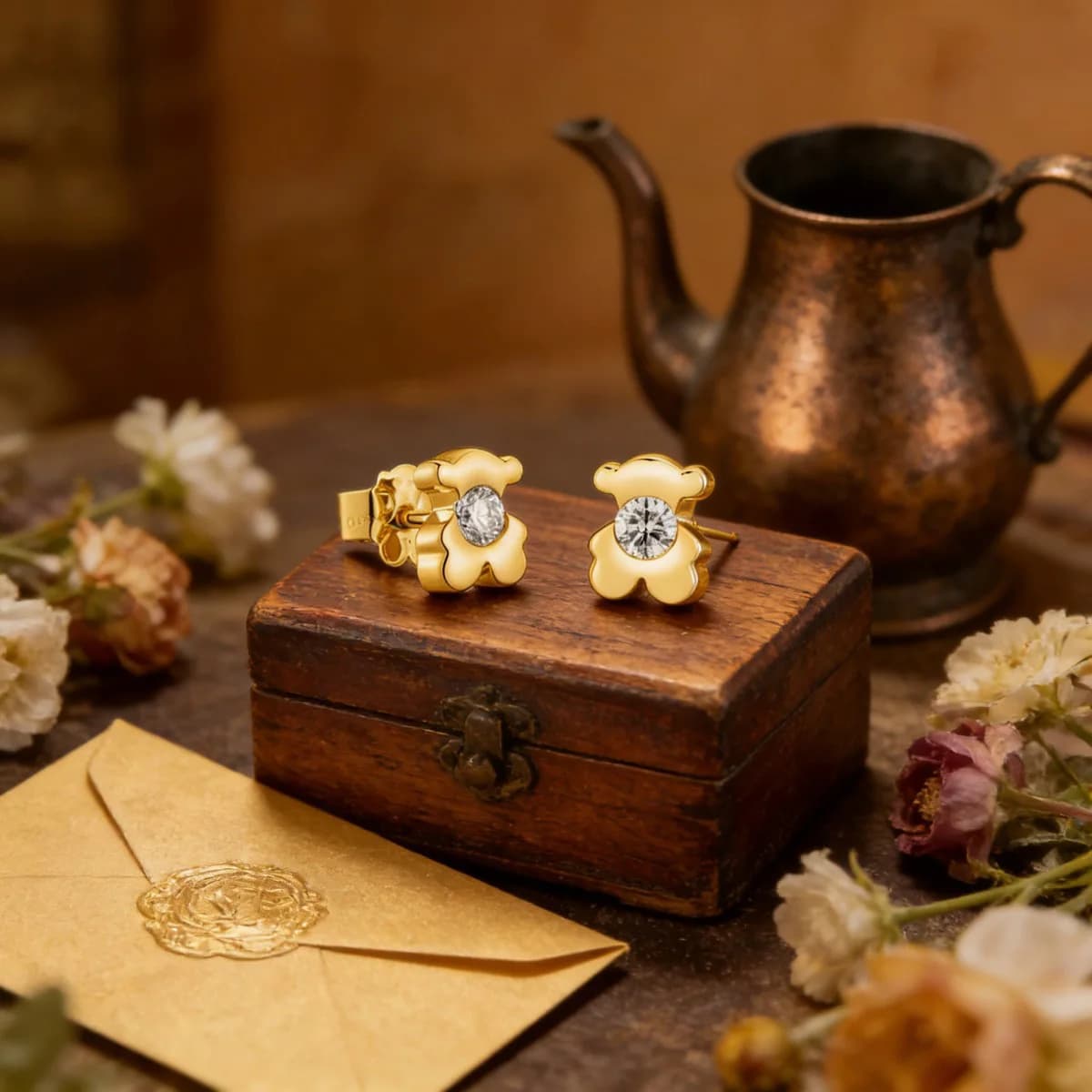 Orecchini Pendenti in Argento Sterling S925 con Perla e Ciondolo Orso Placcato Oro con Smalto Turchese per Donne