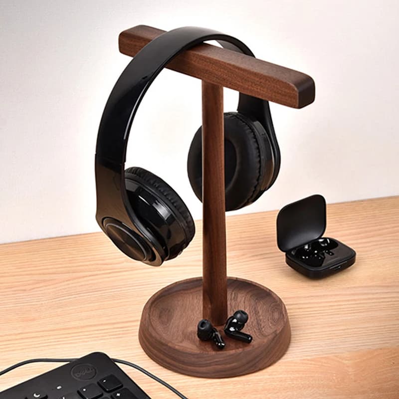 Supporto per cuffie doppio in legno massello Staffa da tavolo per gancio per cuffie montata sulla testa in noce nera/legno d'acacia con base di stoccaggio