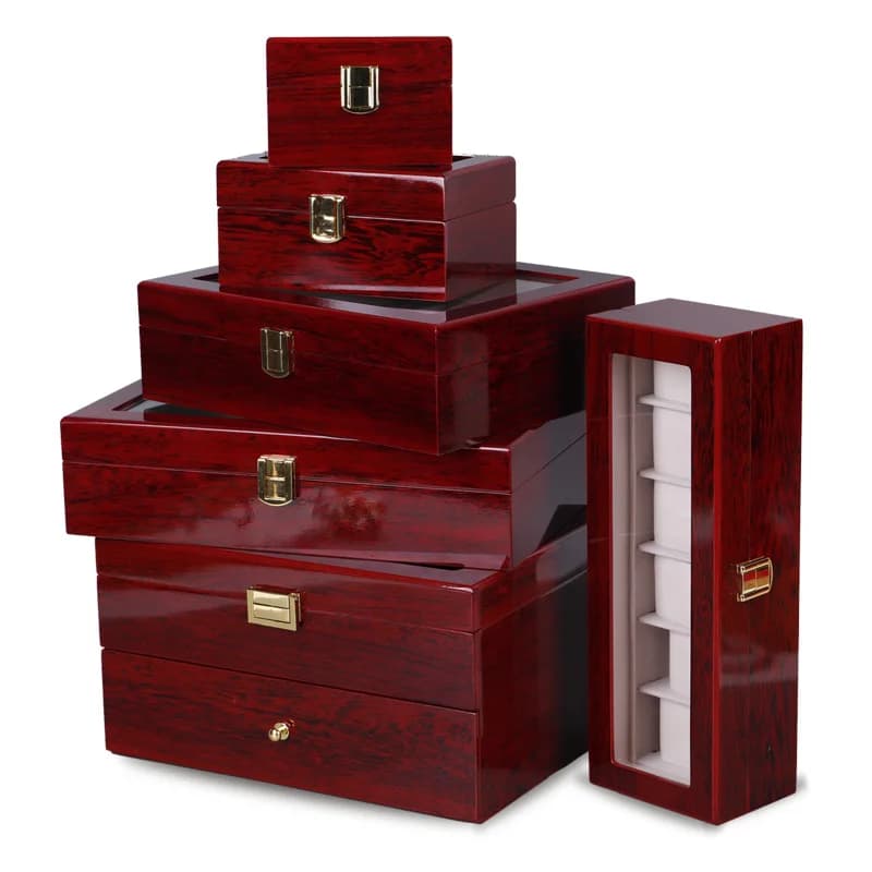 Scatola di immagazzinaggio per esposizione di gioielli in legno verniciato a spruzzo con con conchiglia multipla vintage in legno opaco nero/rosso