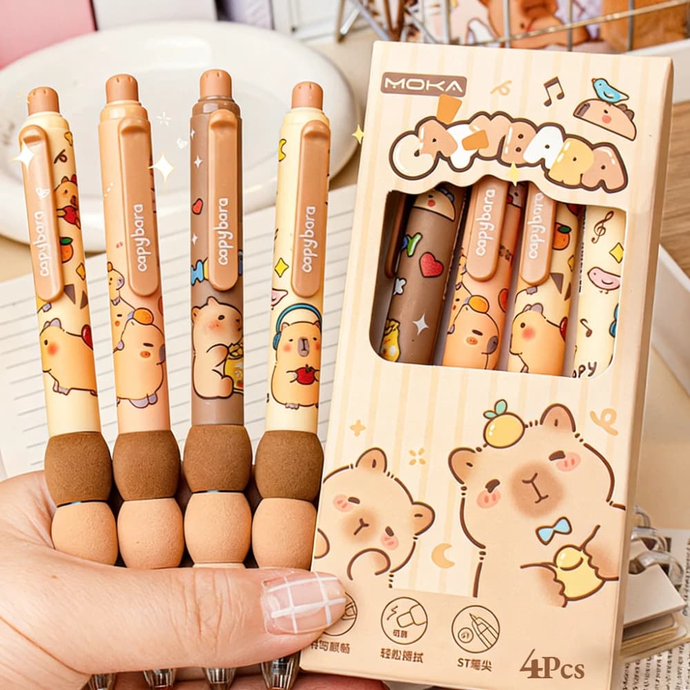 Set di 4 Penne Cancellabili a Forma di Capibara, 0.5mm, Impugnatura Morbida, Scrittura Fluida, Inchiostro Blu, Cancelleria Kawaii per Scuola e Ufficio