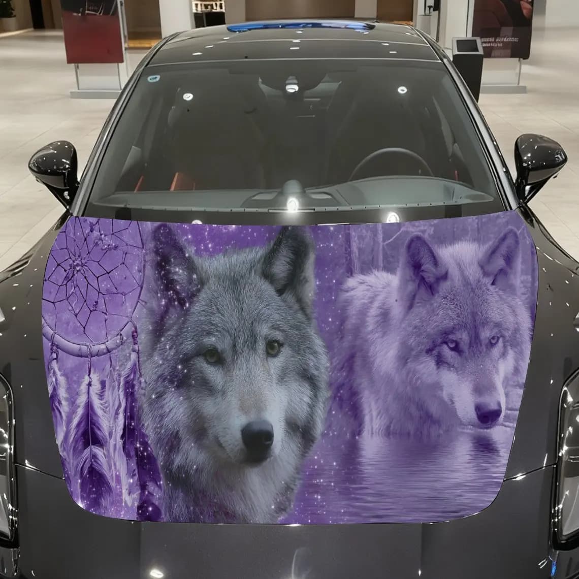 Cosmic Dreamcatcher Wolf Pair Car Cover Sticker, Auto Hood Decal, Car Exterior Scratch Resistant Decal, Trendy Gift for Car Love
