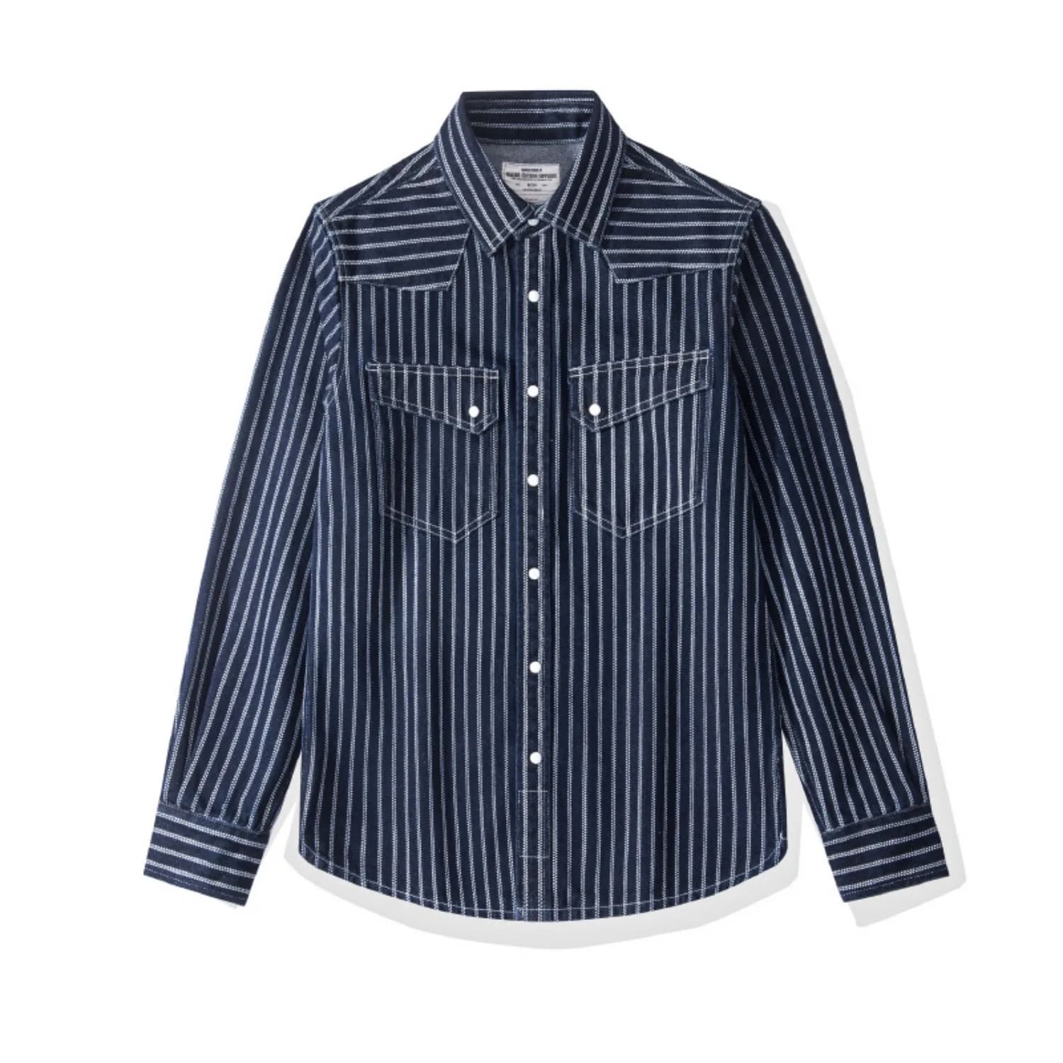 Men's thickened long-sleeved denim shirt heavyweight workwear double pocket lapel loose shirt spring and autumn jacket