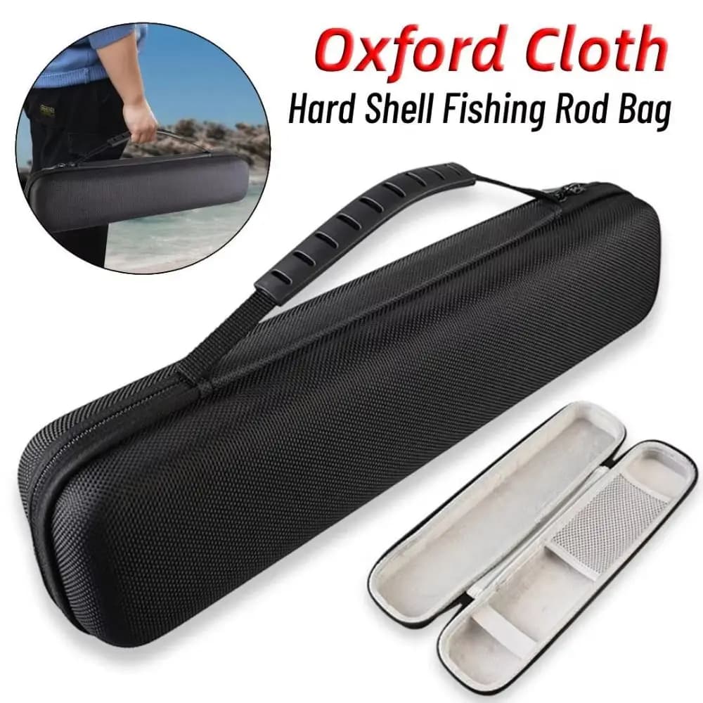 Hard Shell Fishing Tackle Bag Double Zipper Anti Shock Fishing Rod Bag Adjustable Black Carry Bag for Rod Outdoor Sports