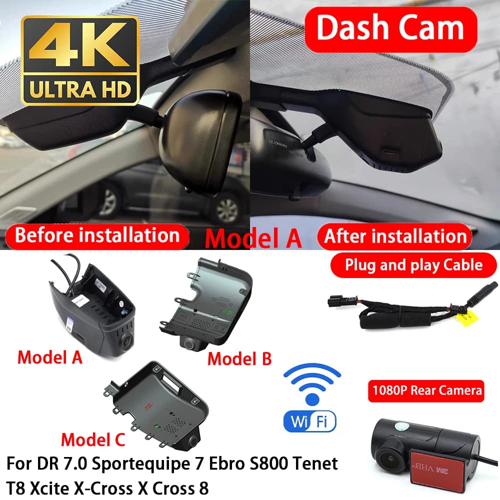 for DR 7.0 Sportequipe 7 Ebro S800 Tenet T8 Xcite X-Cross X Cross 8 4K Dash Cam Front Rear Car Camera DVR Wifi Plug & Play